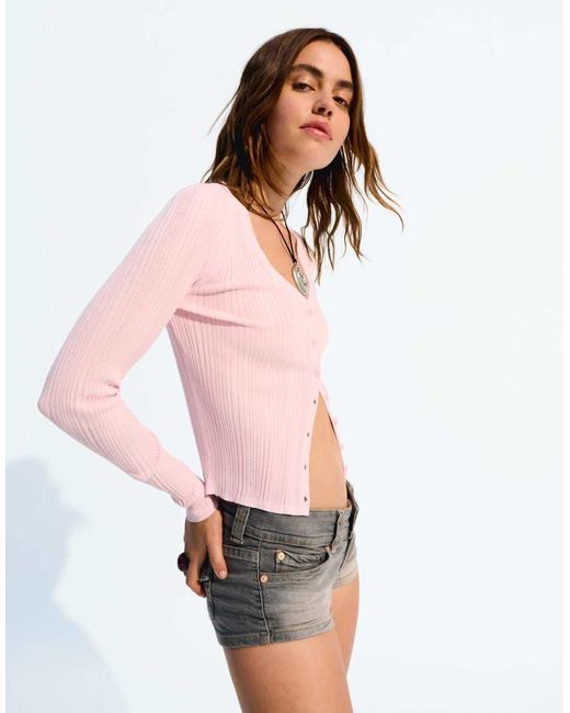 Bershka White Ribbed Button Up Cardigan