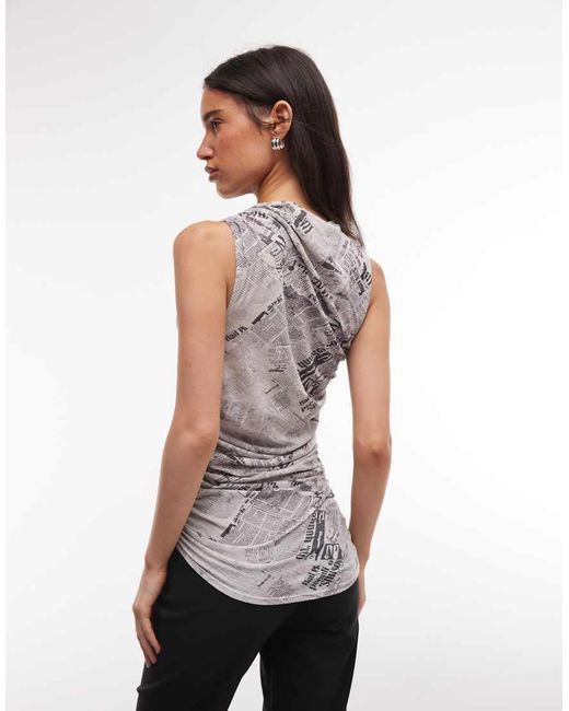Weekday White Asymmetric Gathered Tank Top With Newspaper Print