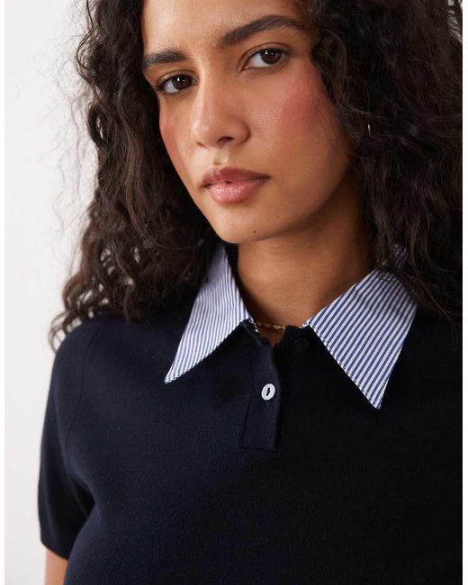 Mango Blue Short Sleeve Knit Top With Shirt Collar Detailing