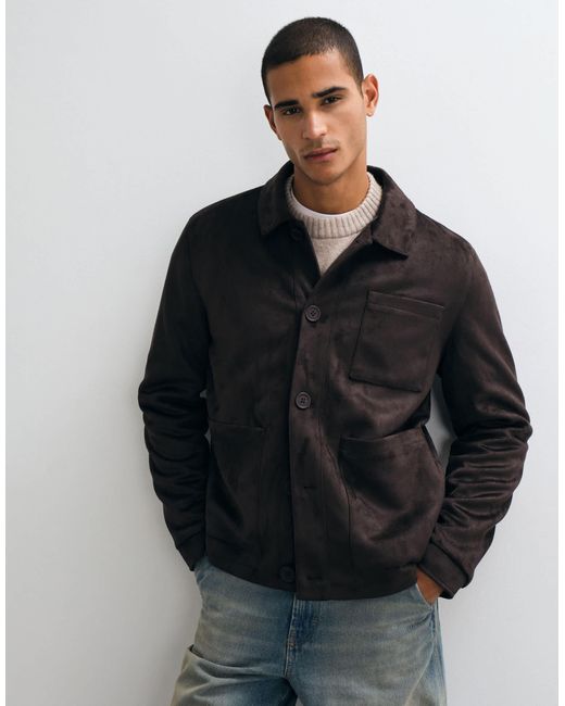 Threadbare Blue Faux Suede Button Up Collared Jacket for men