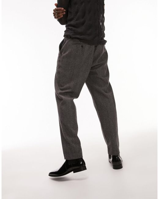 Topman Premium - Limited Edition - Rechte Pantalon Van Wolmix Met Visgraatmotief in het Black voor heren