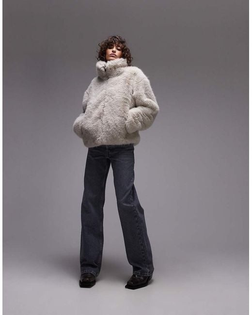 TOPSHOP White Faux Fur Zip Through Short Coat With Funnel Neck