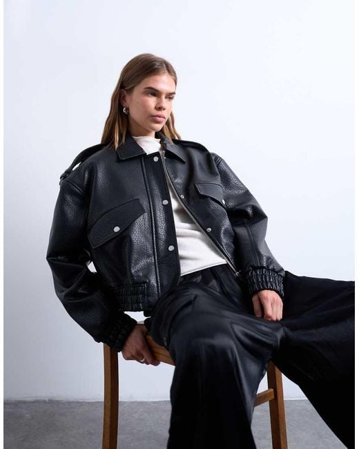 TOPSHOP Blue Faux Bubble Leather 80s Bomber Jacket