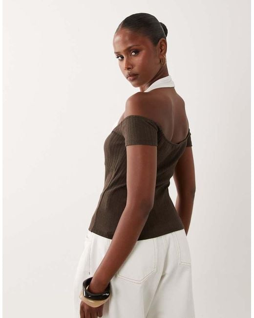 ASOS Natural Ribbed Double Layer Halter Neck Top