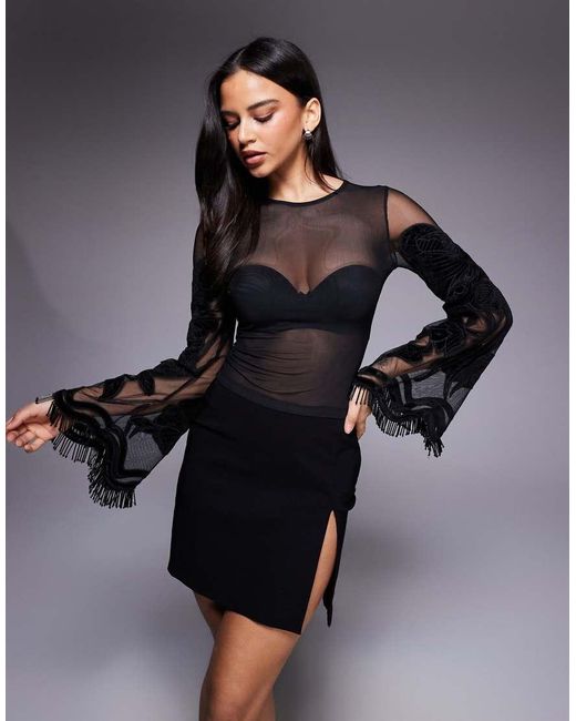 ASOS Black Velvet Embroidered Flare Sleeve Mesh Top With Fringing