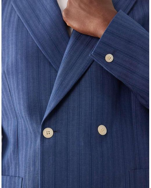 ASOS Blue Linen Blend Regular Double Breasted Suit Jacket for men