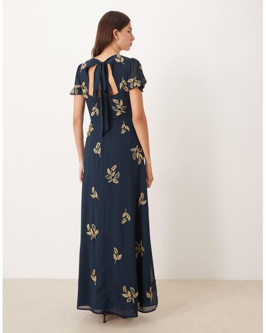 Maya Blue Embellished Short Sleeve Open Back Maxi Dress