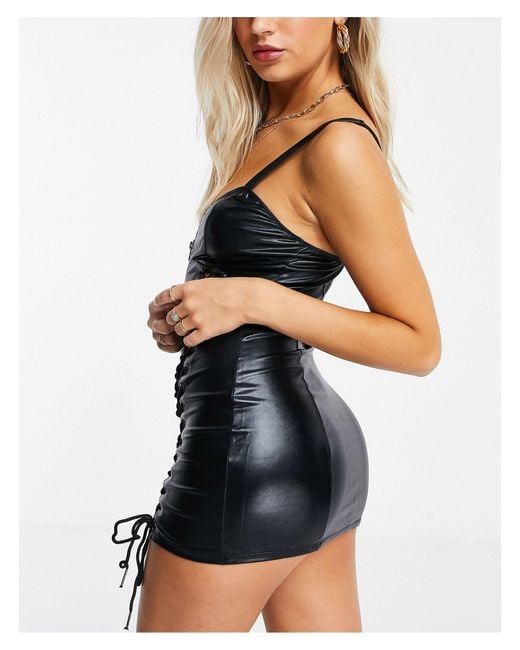 chinese dress ladies Ann Summers Saskia Mini Dress, Figure-Hugging PU Black Dress for Women,  Plunge Neckline with Lace-Up Detail, Adjustable Straps and Zip Fastening  Black main image 1