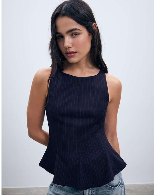 Stradivarius Blue Striped Sleeveless Peplum Top