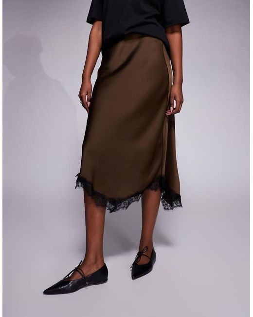 River Island Brown Satin Maxi Skirt With Lace Detail