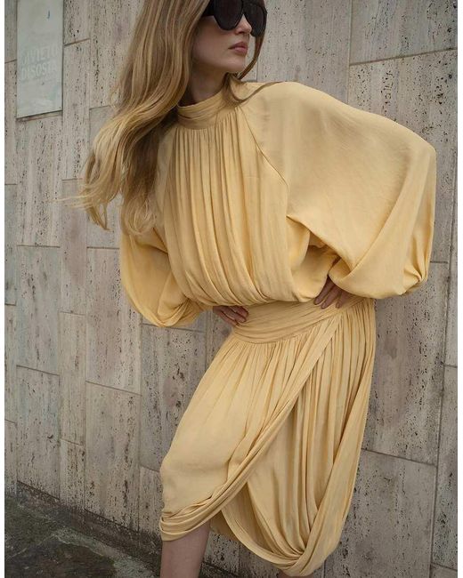 NA-KD Natural Draped Long Sleeve Open Back Midi Dress