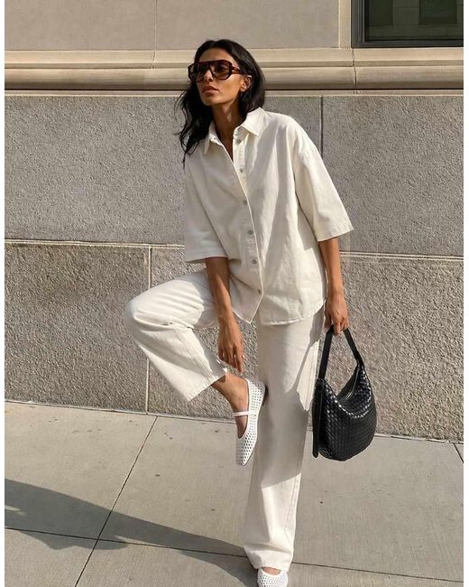 NA-KD White Oversized Short Sleeve Denim Shirt