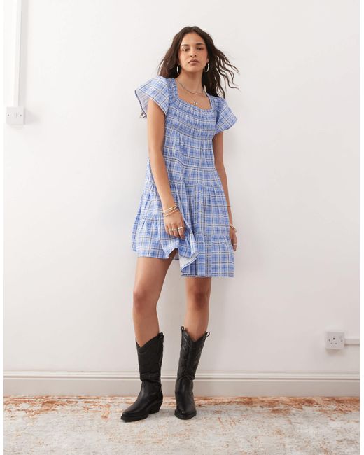 Collusion Blue Frill Sleeve Check Mini Dress