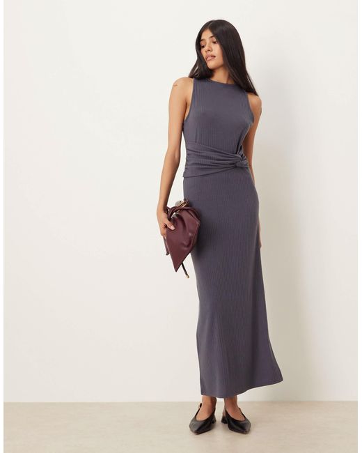 ASOS Gray Ribbed Sleeveless Racer Knot Waist Midi Dress