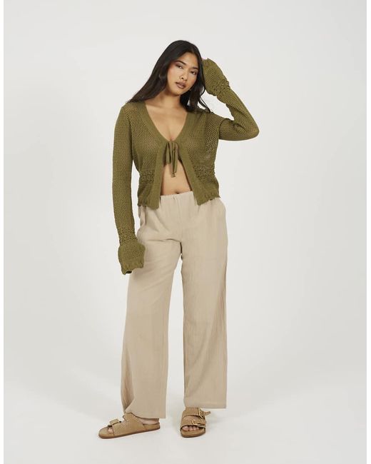 Brave Soul Green V-Neck Tie Front Cardigan With Flared Cuffs