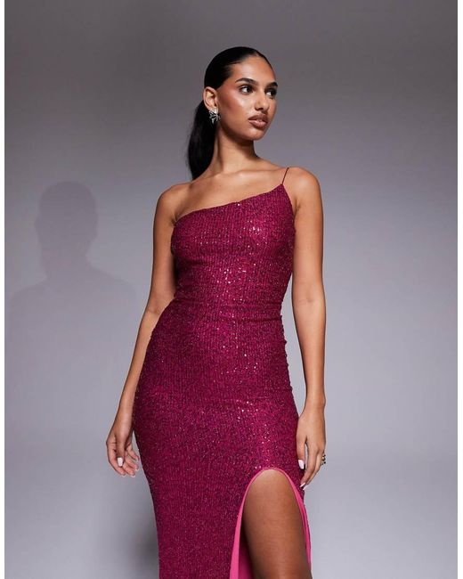 Vesper Purple One Shoulder Sequin Maxi Dress With Thigh Split