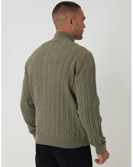 Threadbare Green Cable Knit Quarter Zip Jumper for men