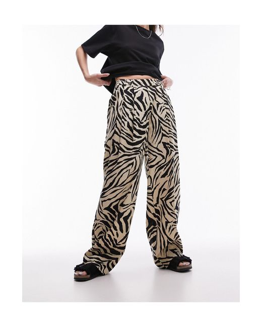 TOPSHOP Black Zebra Printed Wide Leg Linen Trouser