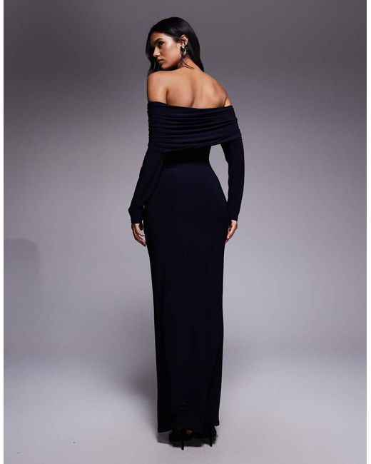 ASOS Blue Long Sleeve Deep Bardot Maxi Dress