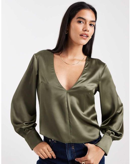 ASOS Green Satin Long Sleeve V Neck Blouse