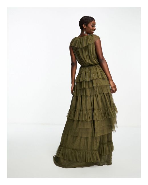 LACE & BEADS Green Tulle Tiered Maxi Dress