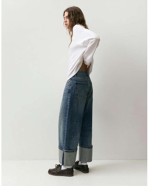 Pull&Bear Blue Loose Straight Leg Jeans With Turn-Up Hems