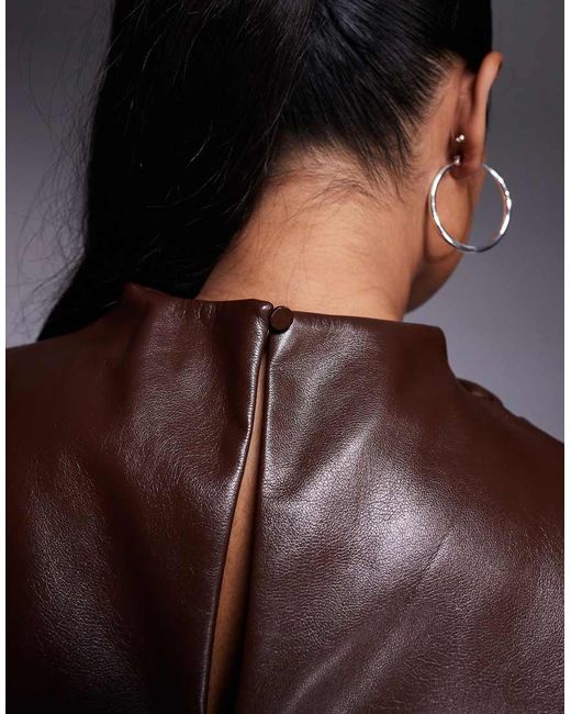 ASOS Brown Asos Design Curve Leather Look Drape High Neck Asymmetric Smart Top