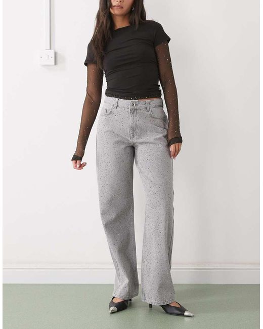 Noisy May Gray Jannel Rhinestone High Rise Loose Fit Jeans