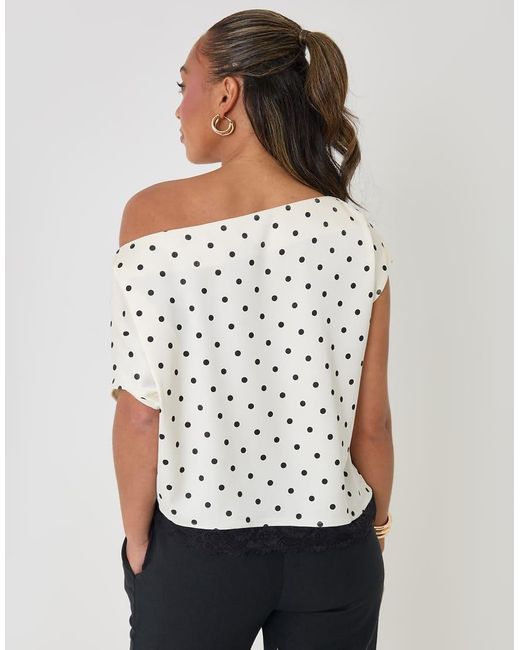 Threadbare White Polka Dot Satin Lace Trim Co-Ord Slash Neck Top