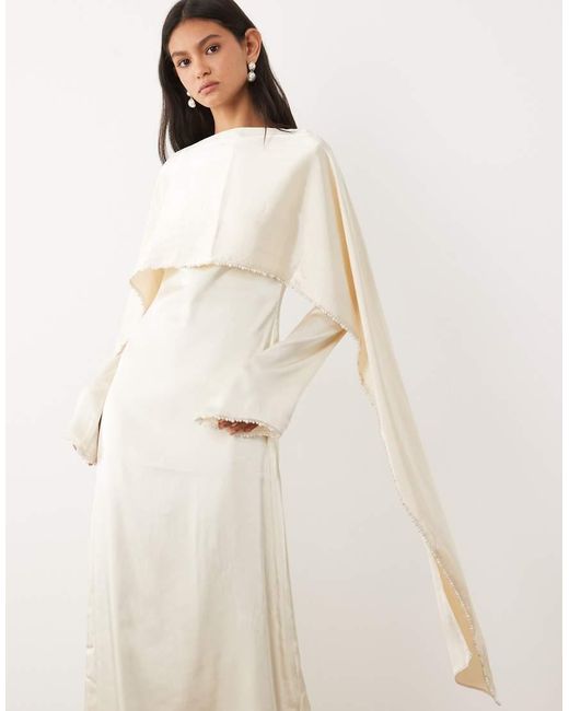 JW PEI Natural Satin Pearl Trimmed Cape Sleeve Maxi Dress