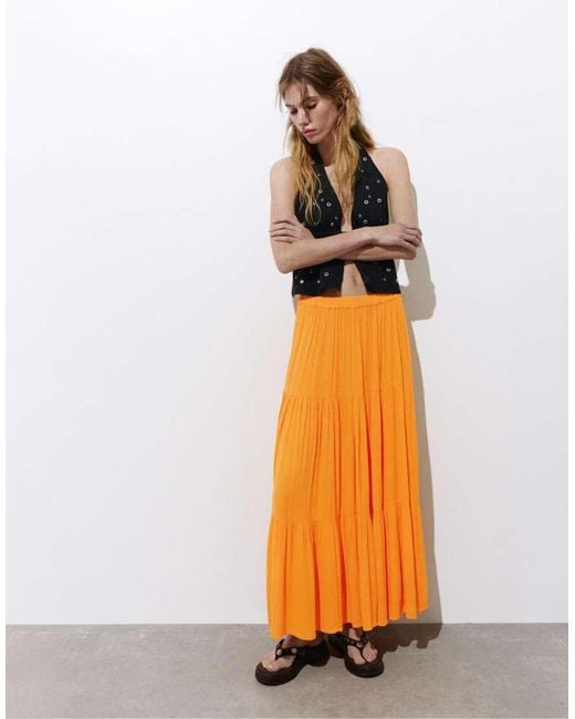 Pull&Bear Orange Paneled Midi Skirt