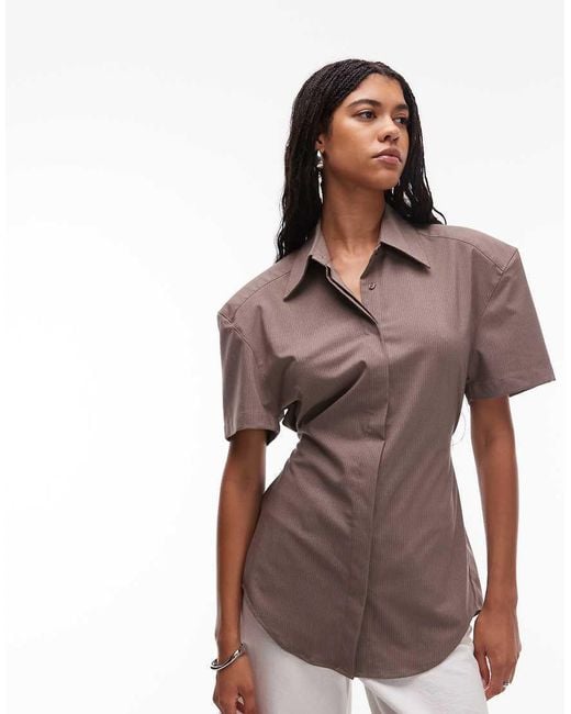 ASOS Brown Shoulder Pad Cinch Short Sleeve Shirt