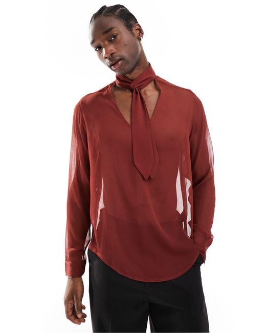 ASOS Red Relaxed Deep V Neck Shirt With Attached Tie Neck for men