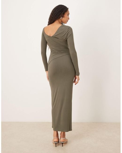 ASOS Natural Long Sleeve Asym Neck Twist Side Midi Dress