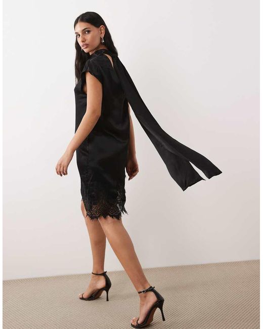 ASOS Natural Satin Scarf Detail Lace Hem Mini Dress