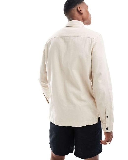 Threadbare White Long Sleeve Linen Slub Shirt With Utlity Pockets for men
