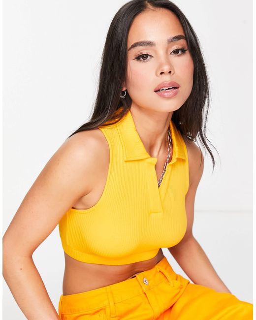 Noisy May Orange Ribbed Cropped Polo Top