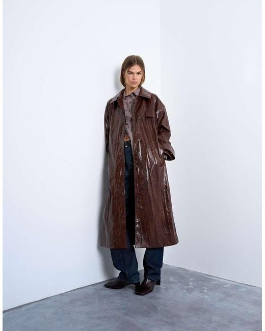 TOPSHOP Brown Faux Leather High Shine Trench Coat