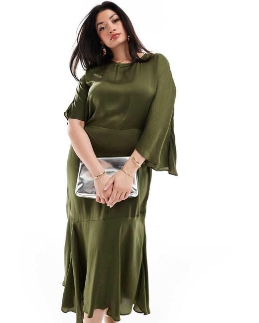 ASOS Green Asos Design Curve Satin Flutter Sleeve Asymmetric Hem Midi Dress