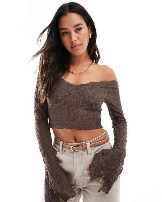 Stradivarius Brown Str Off Shoulder Lace Detail Top