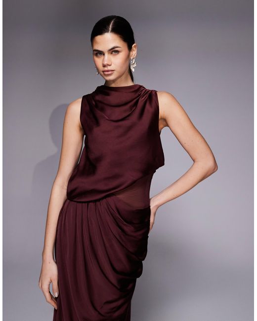 ASOS Draped High Neck Asymmetric Satin Bodice Maxi Dress With Sheer Panel in Purple | Lyst ASOS Draped High Neck Asymmetric Satin Bodice Maxi Dress With Sheer Panel in Purple | Lyst