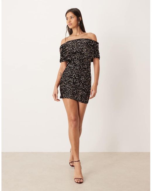 ASOS Black Velvet Sequin Extreme Ruched Bardot Mini Dress