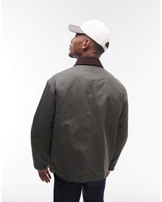 Topman Black Wax Look Jacket With Cord Collar for men