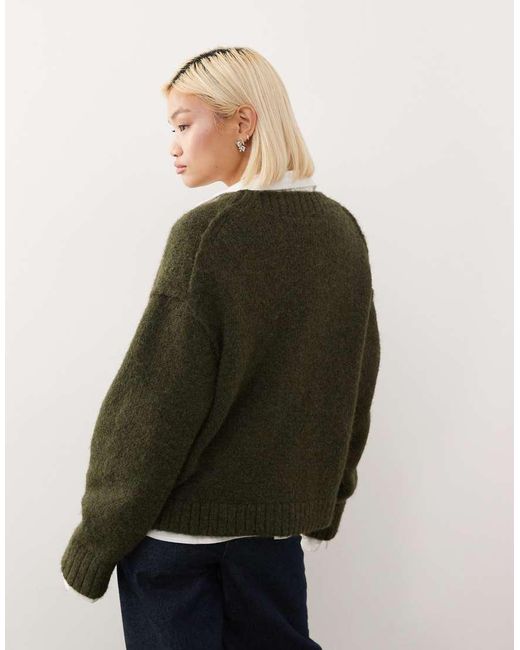 Cárdigan Verde Oscuro Melange Holgado Con Cuello De Pico De Mezcla De Lana De Weekday de color Green
