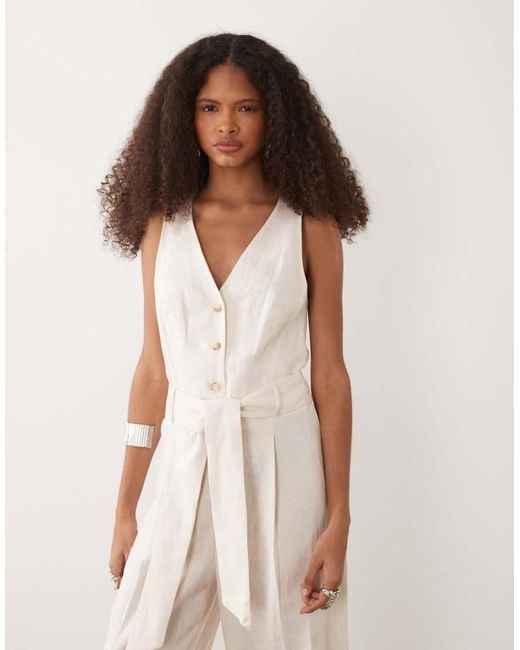 Mango Natural Halterneck Linen Tie Waist Jumpsuit