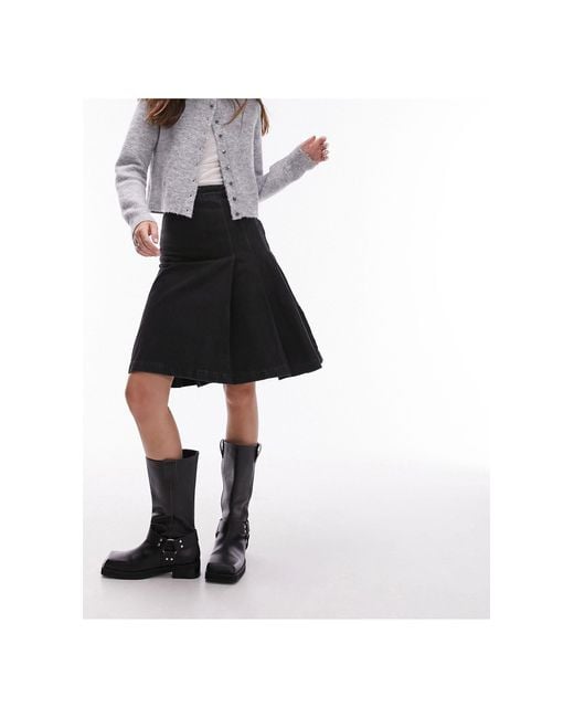 TOPSHOP Black Denim Knee Length Pleat Skirt