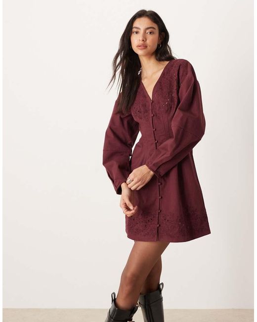 ASOS Red Long Sleeved Cutwork Button Down Mini Dress