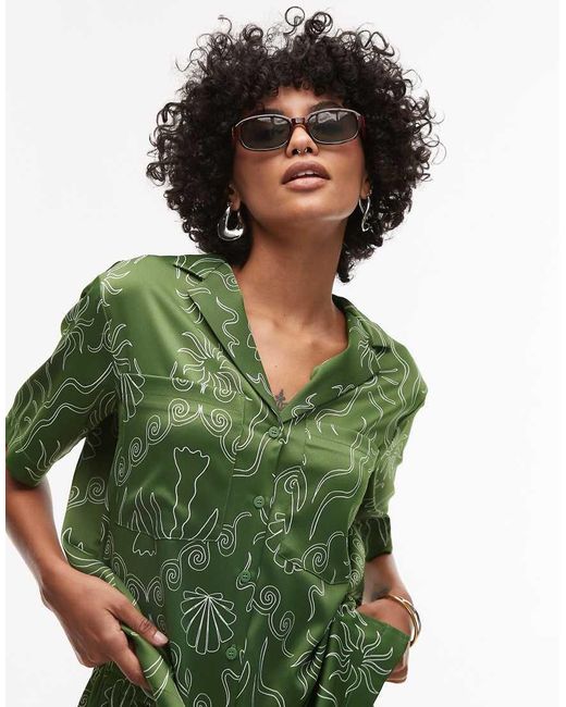 TOPSHOP Green Satin Resort Shirt