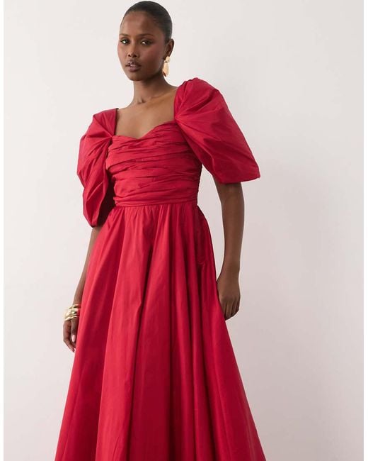 LACE & BEADS Red Taffeta Puff Sleeve Sweetheart Neck Gown