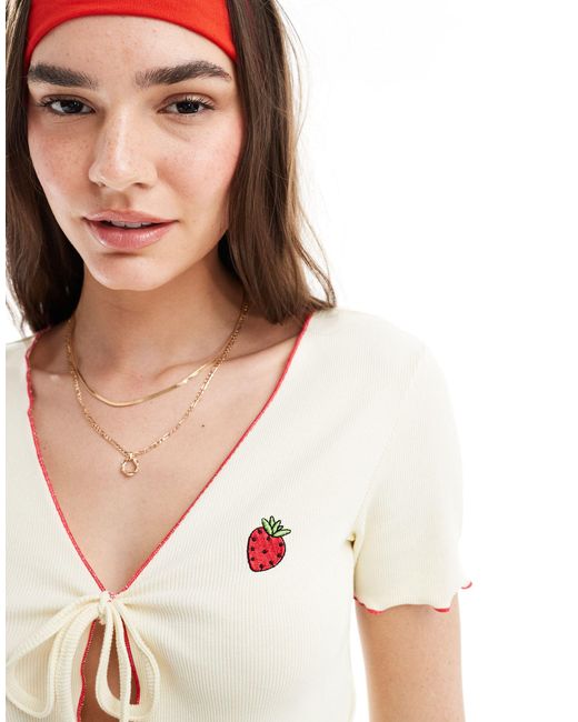 Pieces White Tie Front Embroidered Strawberry Top Co-ord With Contrast Red Trim